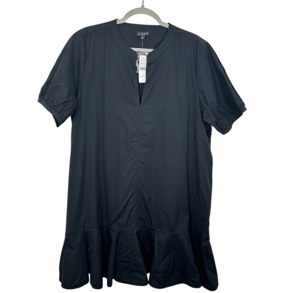 J. Crew Black Cotton Ruffle Dress Xxl Nwt Poplin V Neck Short Sleeve Tiered